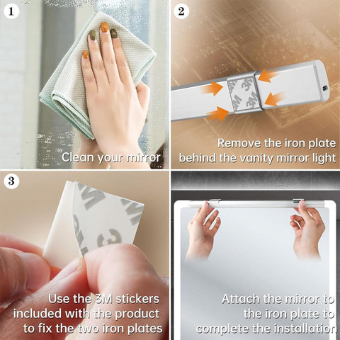 Step-by-step installation guide for a vanity mirror with iron plates and 3M stickers.