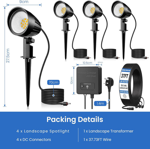 12W Garden Spotlights Mains Powered 4 in 1 LED Landscape Lights 2700K IP66