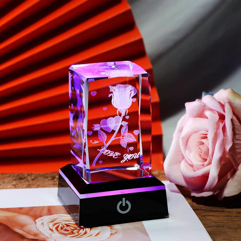 3D Crystal Rose Keepsake with LED Light Base, Romantic Valentine Gift for Him or Her