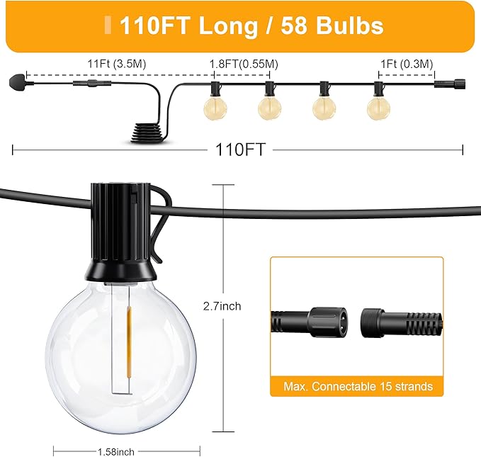 Outdoor String Lights Mains Powered,110FT/33M G40 Garden Festoon Lights with 56+2 Shatterproof G40 Plastic LED Edison Bulbs Waterproof for Outside Patio Gazebo Pergola Décor Wedding Cafe
