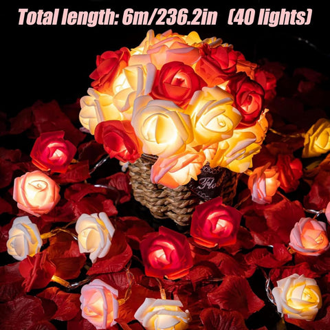 Rose Flower Fairy String Lights 6M with 40 LEDs, Battery Operated Decorative Lights for Romantic Indoor Décor