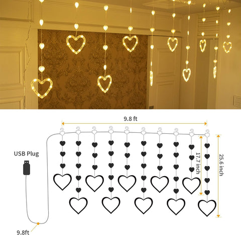Heart Curtain Lights 9.8ft, USB Plug-In LED Heart String Lights with Remote & Timer, Warm White Valentine’s Day Window Lights for Bedroom & Room Decor