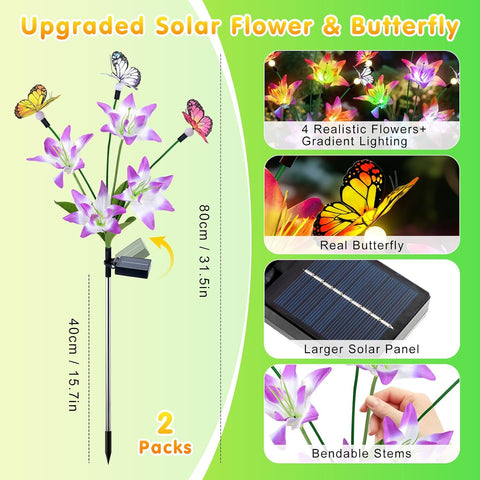 Fohil Solar Lights Outdoor Garden, 2 Pack LED Solar Flower Lights, Lily Flower Butterfly Solar Lights Waterproof Garden Ornaments Outdoor Yard, Patio, Landscape, Walkway Grave Decorations