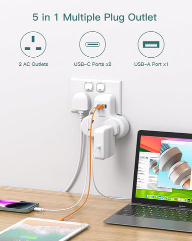 Addtam Double Plug Adaptor with 3 USB Ports (2 USB-C), 2-Way Multi Plug Extension Socket – Keep Your Everyday Charging Neat, Simple and Within Reach