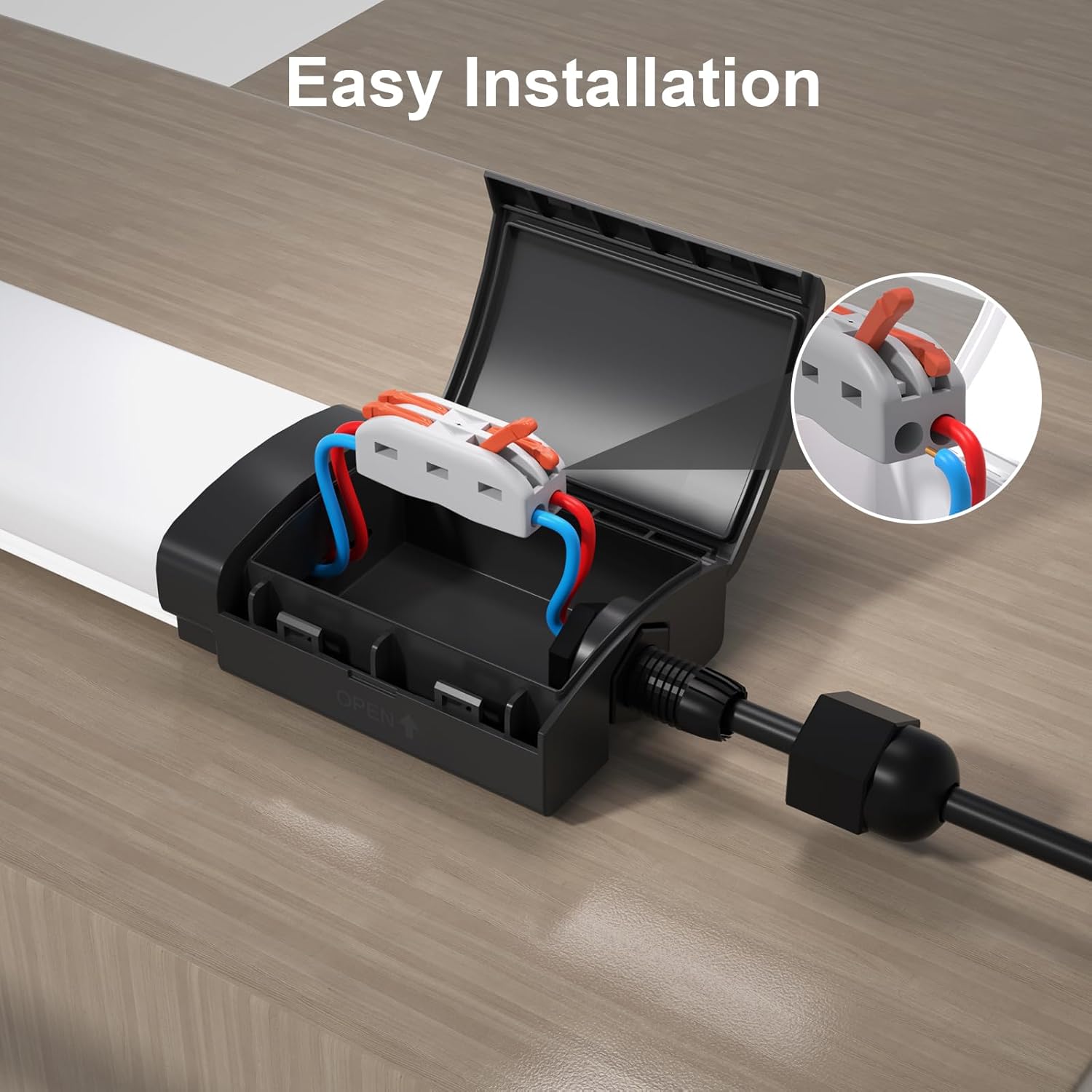 Electrical connector with wiring on a wooden surface, labeled 'Easy Installation'.