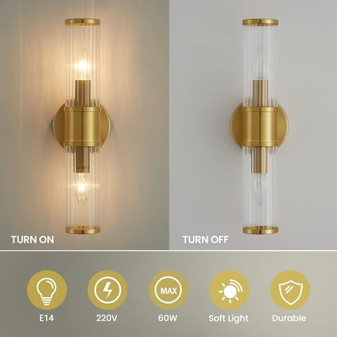 Vintage 2-Light Wall Sconce Indoor Gold Glass Lampshade