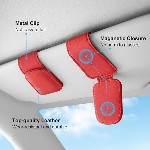 Magnetic Leather Sunglasses Holder for Car Visor – Red