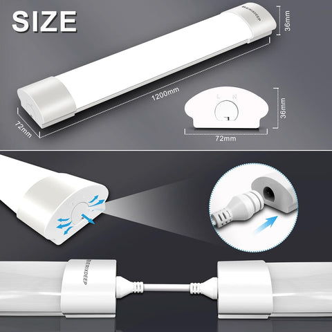Measurement chart of a LED light bar with dimensions and features on a dark background