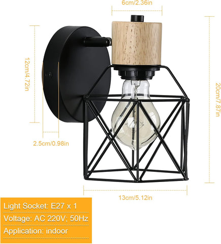 Industrial Wooden Wall Light 2PCS Adjustable Metal Cage Sconces