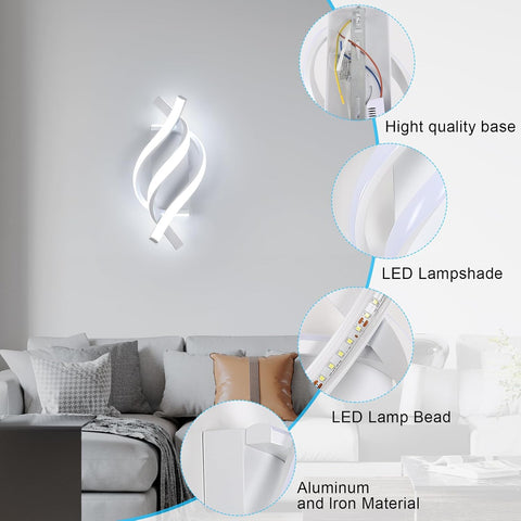 Modern 22W LED Wall Light White Spiral Design 6500K Cool Light