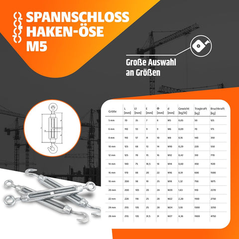 DQ-PP 20m Galvanised Steel Wire Rope Kit, 3mm Diameter, 6x7 Strand Cable with 6 Clips & 2 Hook-Eye Turnbuckles for Tensioning and Securing