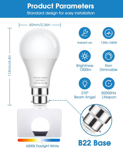 EvaStary 100W Bayonet Light Bulbs, 13W B22 LED Bayonet Bulbs Daylight White 6000K, BC A60 GLS Frosted Energy Saving Light Bulbs Bayonet, Non-dimmable, 4 Pack [Energy Class F]