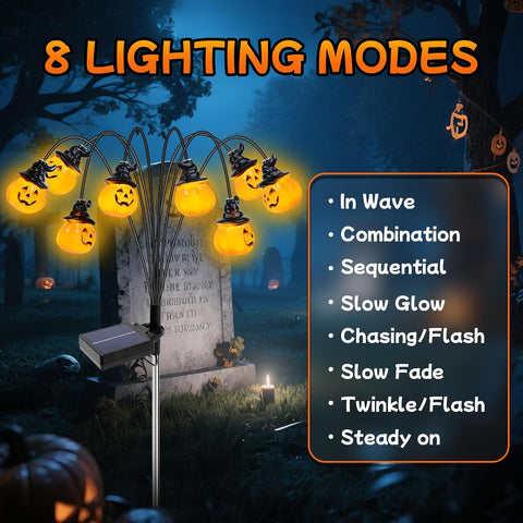 Qoosea Halloween Solar Lights Outdoor 2 Pack Pumpkin Lights, IP65 Waterproof 8 Modes Halloween Garden Ornaments, LED Solar Garden Lamp Festival Decor, Perfect for Pathway Yard Patio Backyard Cemetery