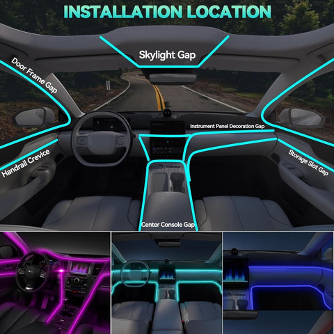 RGB Car Interior LED Strip Lights Kit with APP Control, 5-in-1 Fiber Optic Ambient Lighting, Music Sync, 16 Million Colours