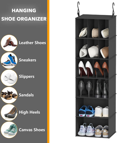 SpaceAid 2 Pack Hanging Closet Organiser and Storage with Dividers, 24 Compartments Hanging Shoe Shelves for Closet, Wardrobe, RV, Garment Rack - Black