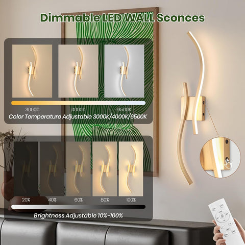 Gold Battery Operated LED Wall Sconces Set of 2 with Remote