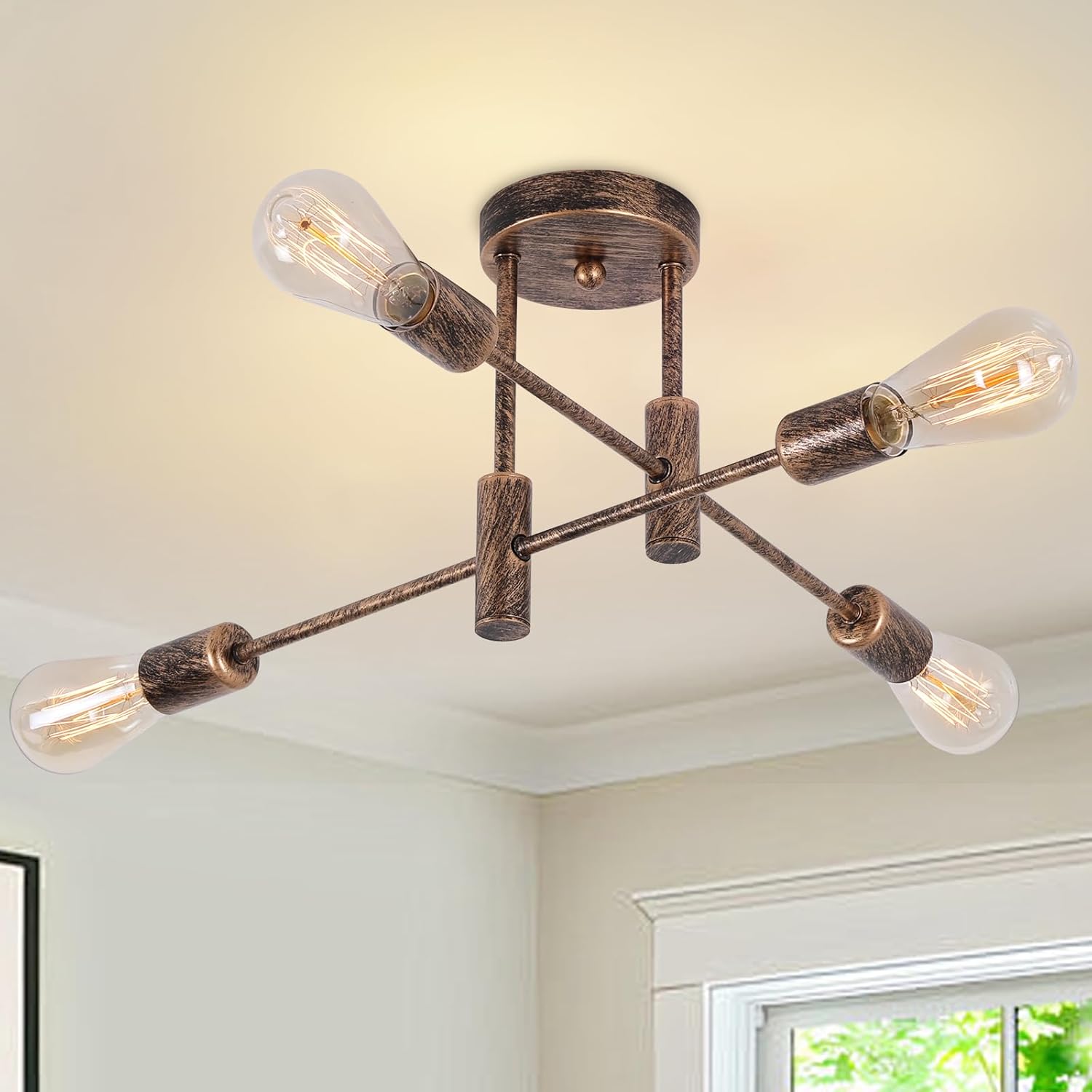 Ceiling light fixture with wooden accents in a room with a window and white walls.