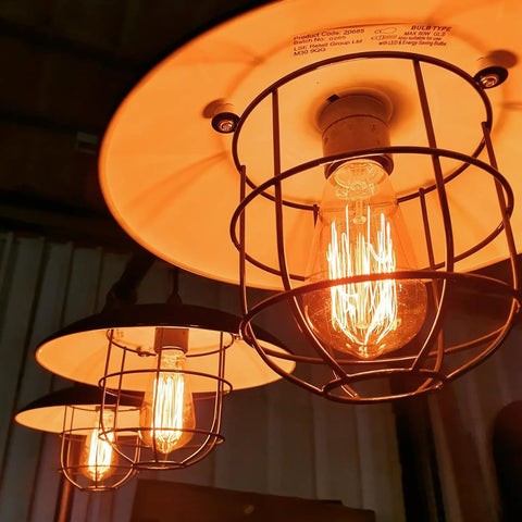 Vintage-style light bulbs in metal cages with warm glow