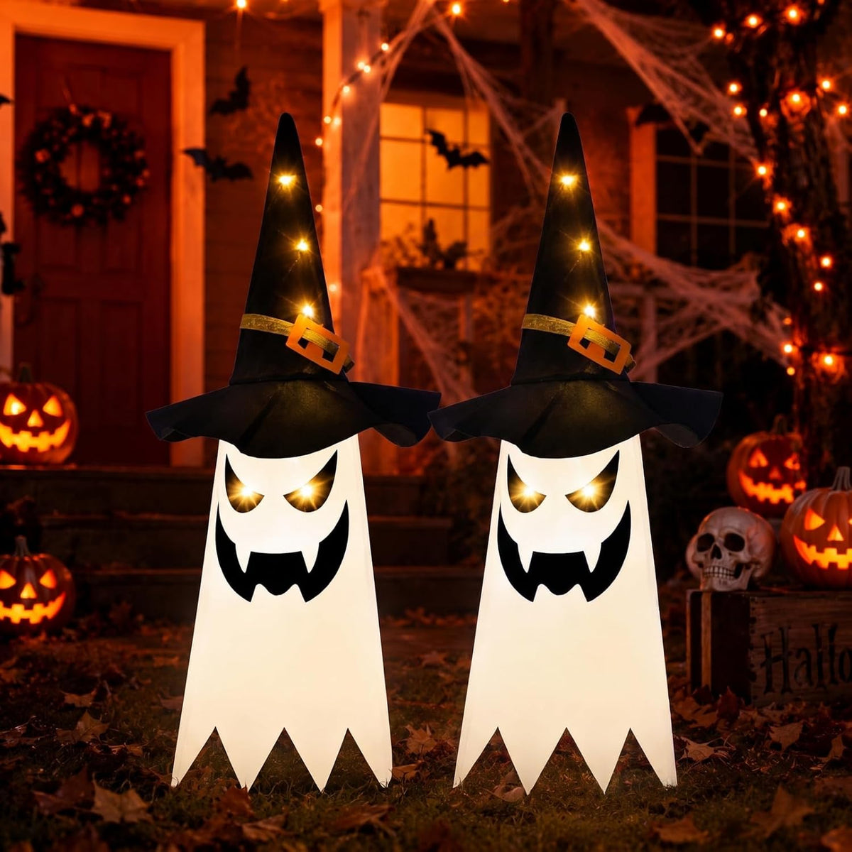 Mepham Halloween Hanging Light Up Ghost Decorations with Wizard Hats – 3 Light Modes for Indoor & Outdoor Garden, Door & Porch Displays