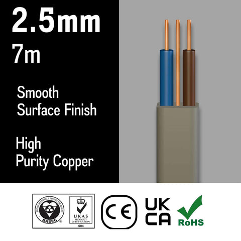 Primes DIY Electric Socket wire cable 2.5mm Twin and Earth Flat Grey PVC Lighting Electric Cable 6242Y electrical Wire BASEC Approved (7 Meter)