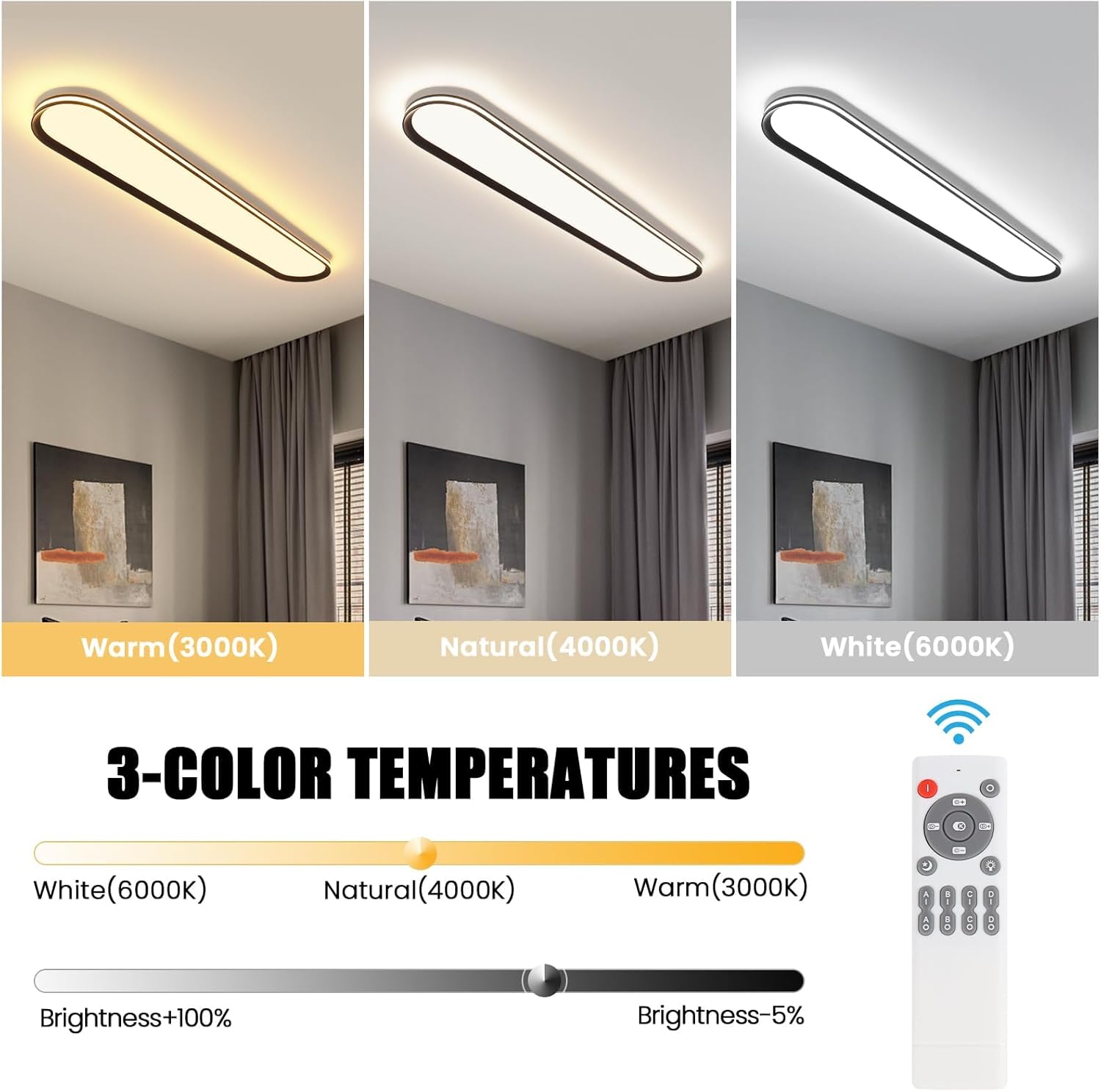 Ceiling light fixture with three color temperature options displayed in a room setting.