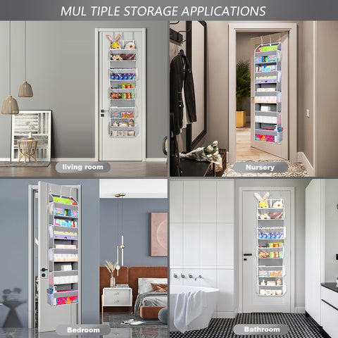 TAHAVICE Over The Door Storage Organiser, 5 Clear Window Pockets and 10 Mesh Side Pockets, Grey – Turn Unused Door Space into Smart Storage