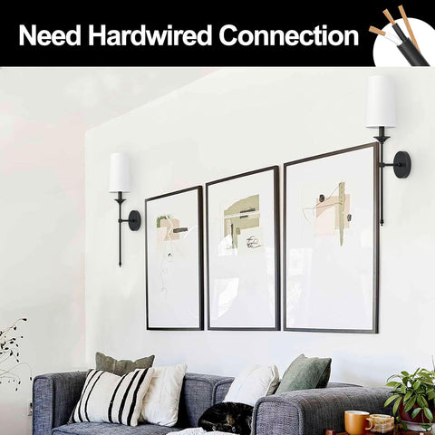 Hardwired Wall Light Set of 2 Vintage Black Candlestick Wall Sconces with Fabric Shade, Vintage Farmhouse Lighting for Bathroom Living Room Bedroom Dining Hallway