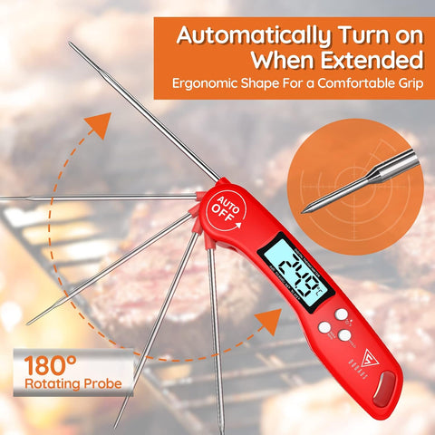 Digital Instant Read Meat Thermometer Red – Ultra Fast, Backlit, Foldable Probe