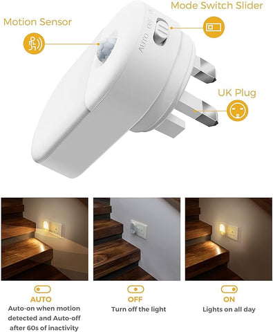 2 Pack, Motion Sensor Lights Indoor, Warm White 3000K, Plug in Night Light Movement Sensor Light Indoor for Kids Baby Adult Children's Room, Bedroom