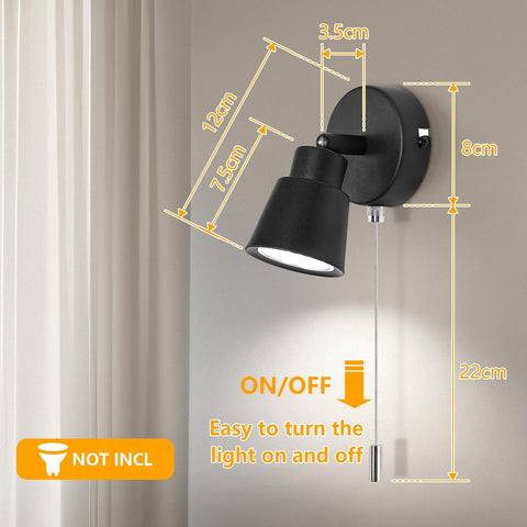 Black Wall Lights with Pull Cord Switch GU10 - Modern Pull Cord Light Switch 350° Rotatable - Indoor Wall Sconce Lights for Bedroom Bedside Living Room Kitchen