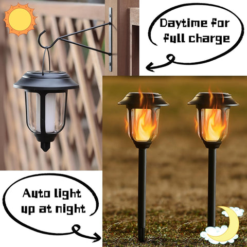 Dynaming 6 Pack Solar Flickering Flame Pathway & Hanging Lantern Lights, Black Plastic, Auto On/Off, Waterproof for Outdoor Decoration