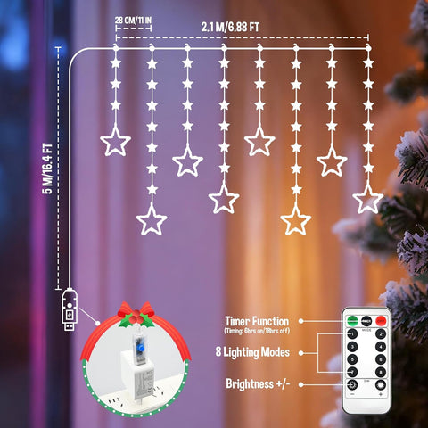 Christmas Star Window Lights 2M – 80 LED Multicolour Curtain Fairy Lights with Remote, Timer & 8 Modes – Turn Your Windows into a Little Christmas Wonderland