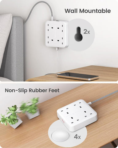 Extension Lead with 4 Way Outlets, 3250W 13A Power Strip, PD 20W USB-C and 2 USB-A QC 3.0, 1.8M Braided Extension Cord, Multi Power Plug Extension for Home and Office, White