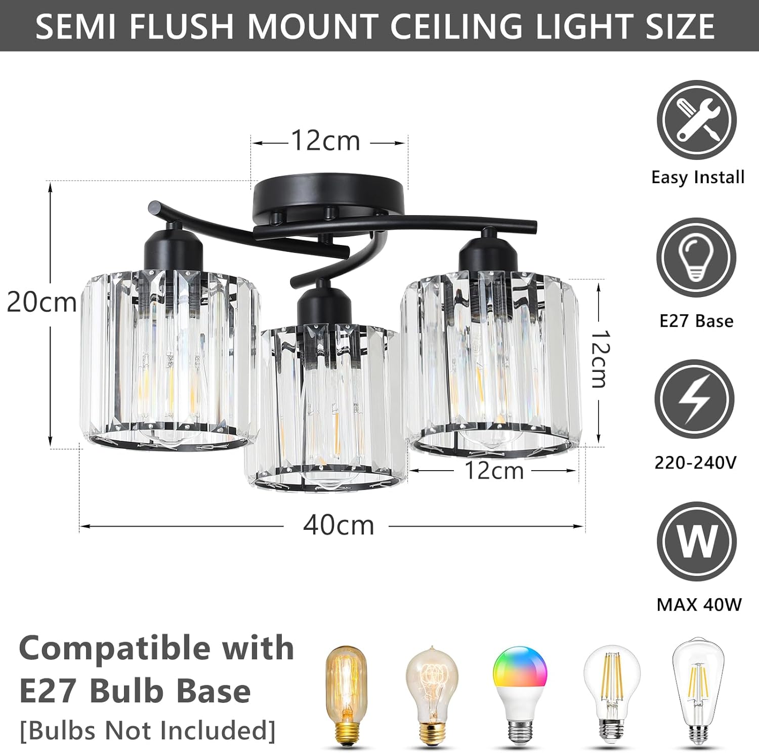Ceiling light fixture with dimensions and compatibility details on a white background
