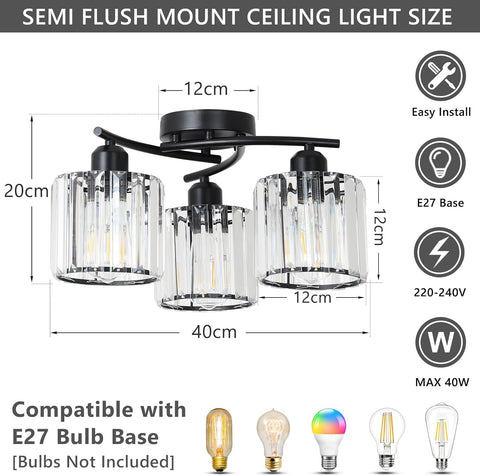 Ceiling light fixture with dimensions and compatibility details on a white background