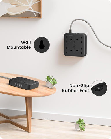 Extension Lead with USB C Port, 4 Way Outlets Power Strip with 1 USB-C and 3 USB Slots, Multi Power Plug Extension with 1.8M Braided Extension Cord for Home Office 3250W- Black