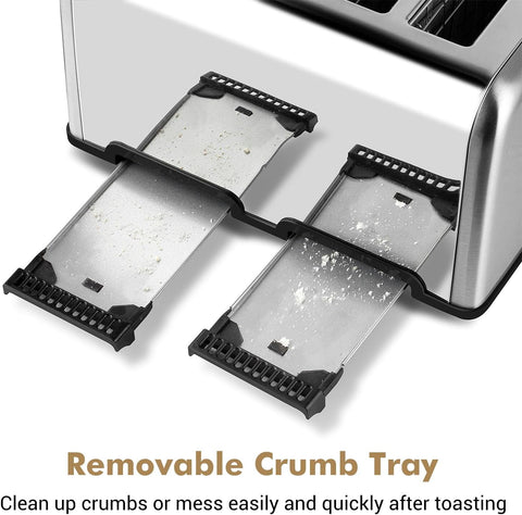 4 Slice Stainless Steel Toaster with Extra-Wide Slots, 6 Browning Settings, Defrost, Reheat & Cancel Functions