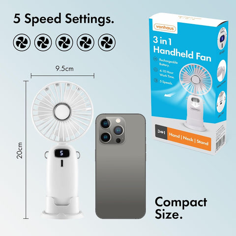 VonHaus Handheld Mini Fan – USB Rechargeable, 5 Speeds