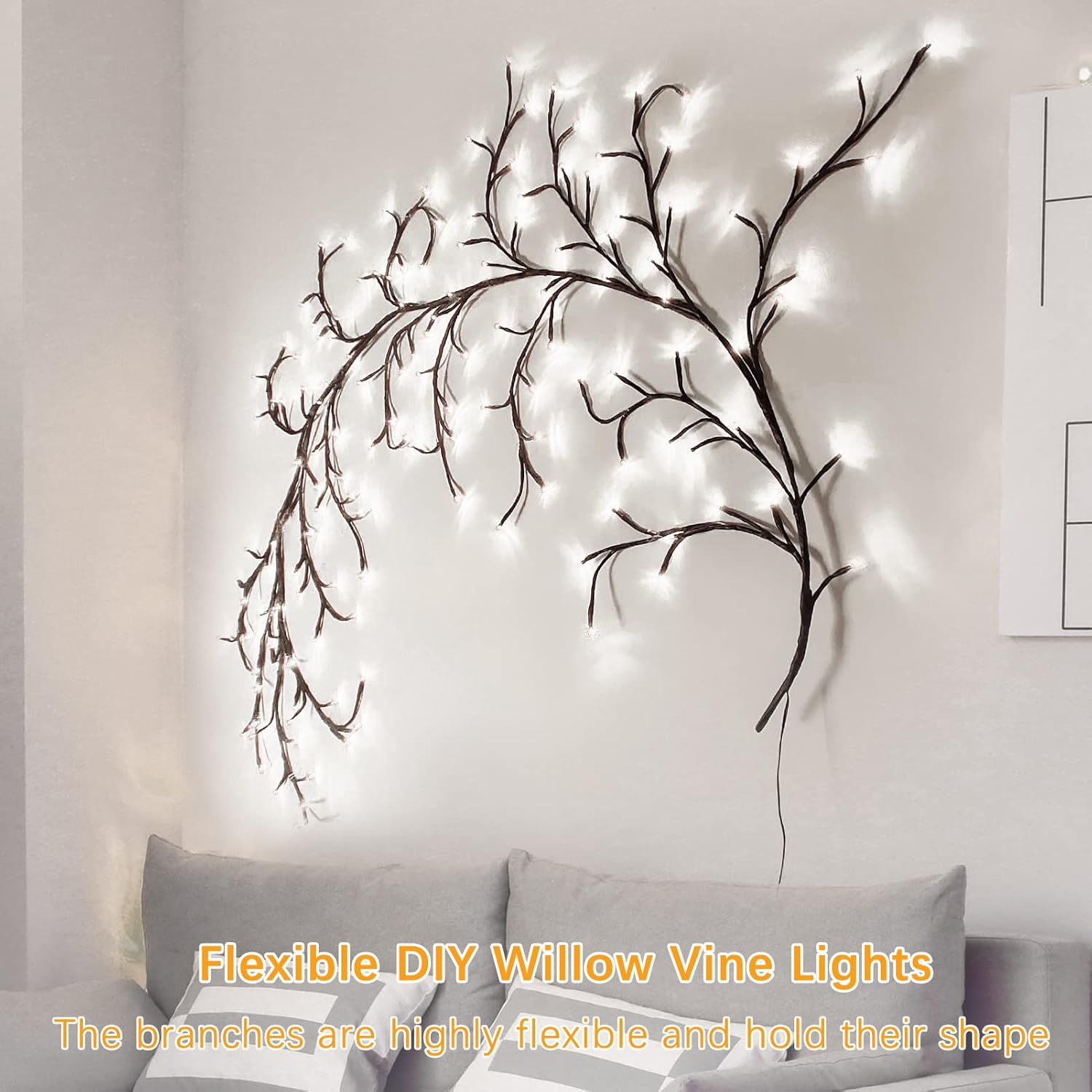 Decorative wall light fixture with flexible DIY Willow Vine Lights on a neutral background.