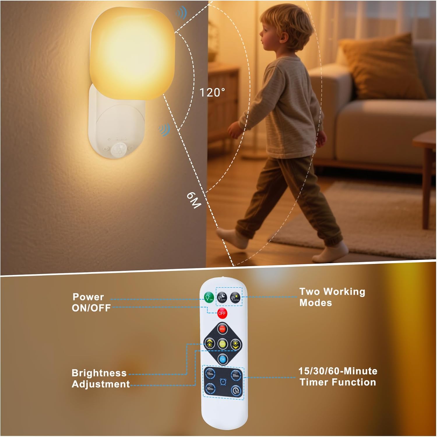 Night light with remote control, child walking in a room, and diagram showing light range.