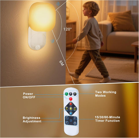 Night light with remote control, child walking in a room, and diagram showing light range.