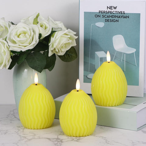 Easter Flameless LED Candles Set of 3, Egg-Shaped Real Wax Flickering Candles with 3D Wick & 5-Hour Timer, Battery Operated Dinner Table Decor (Yellow, 2.4″ x 5″)
