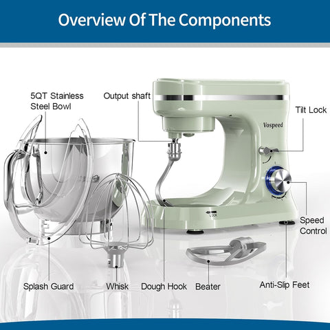 Stand Mixer 5QT 1000W Tilt-Head Kitchen Mixer – 8 Speed Electric Food Mixer with Dough Hook, Whisk, Beater & Bowl – Green
