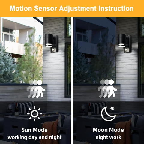 Two outdoor scenes showing a motion sensor light with text indicating sun mode and moon mode.
