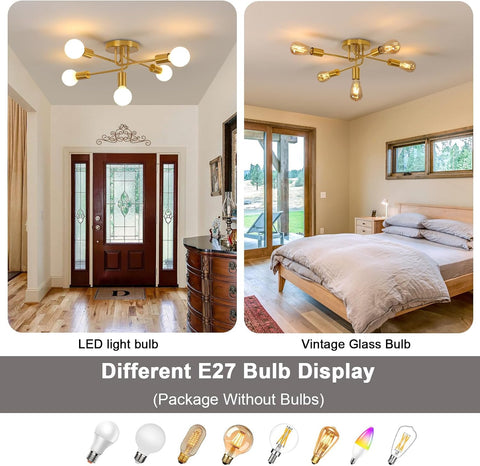 Two rooms with different light bulbs displayed above them, showing LED and vintage glass bulbs.