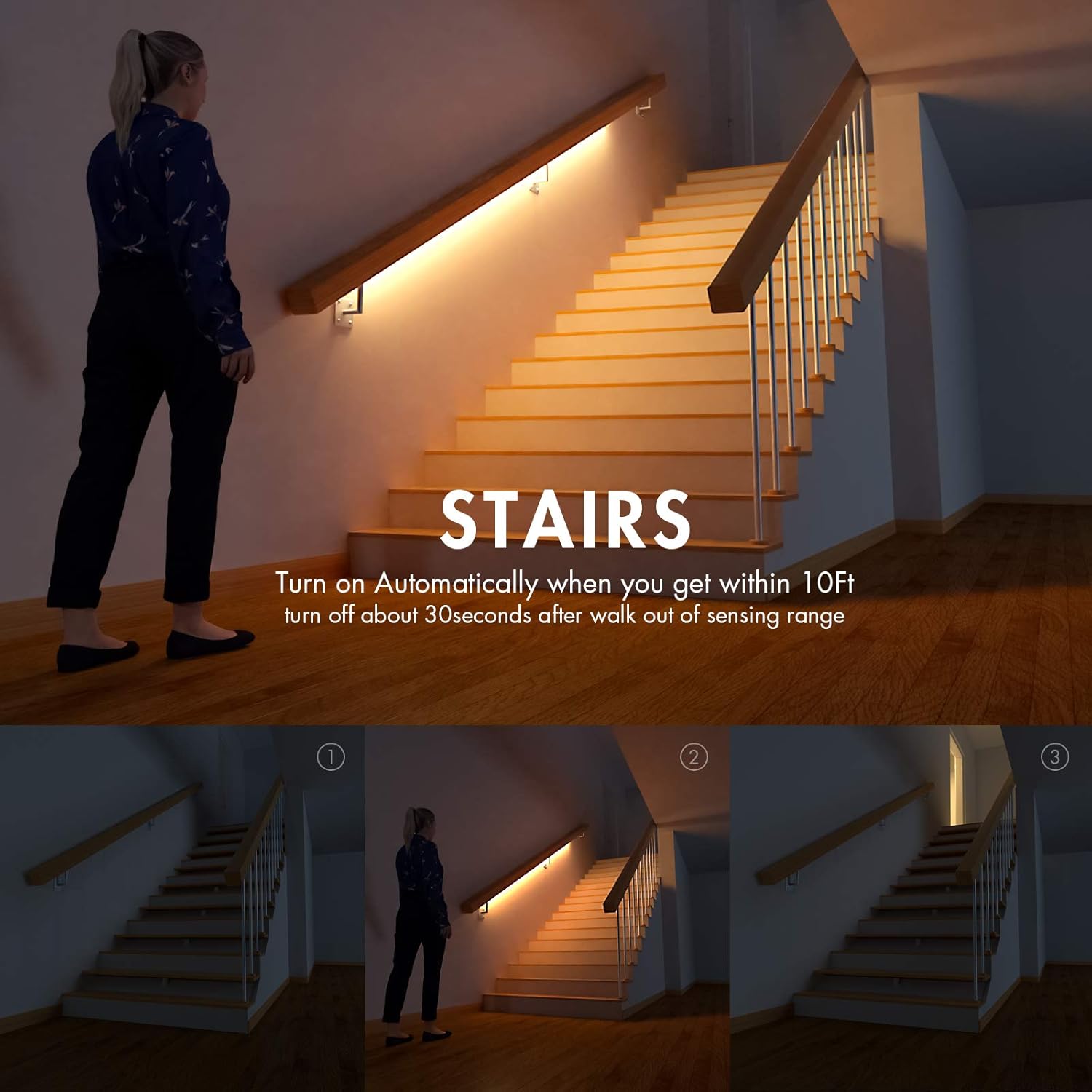 Woman standing at the bottom of a staircase with illuminated handrails, text indicating automatic lighting feature.