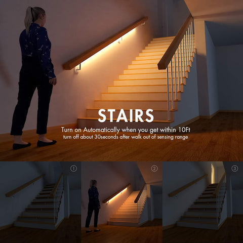 Woman standing at the bottom of a staircase with illuminated handrails, text indicating automatic lighting feature.
