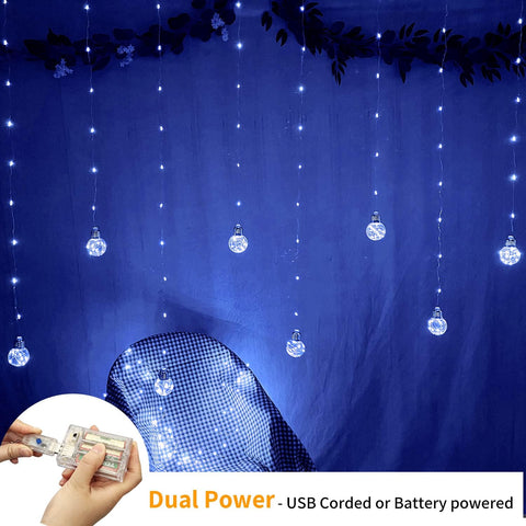 Wishing Ball Curtain Lights 200 LED Blue Fairy String with Remote & USB Power