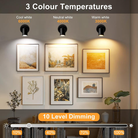 LED Battery Operated Wall Lights Indoor, Rotatable Wireless Rechargeable Wall Lamp, 3 Color Temperatures & Stepless Dimming, Black Magnetic Wall Lights with Remote for Living Room Corridor