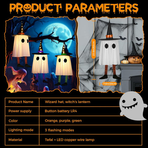 CNMTCCO Halloween Hanging Ghost Decorations 3 Pack – Light Up Witch Hat Ghosts with Multicolour LEDs for Indoor & Outdoor Halloween Party Décor